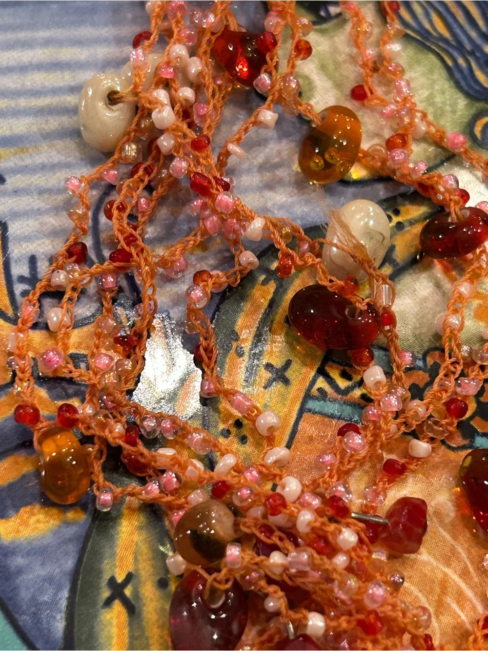 Vintage Necklace Red Branch Coral, Carnelian, glass Mermaid’s Tears woven thread